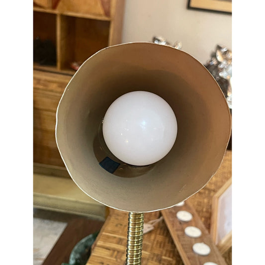 Vintage MCM brass wood gooseneck plug in desk lamp light WORKS