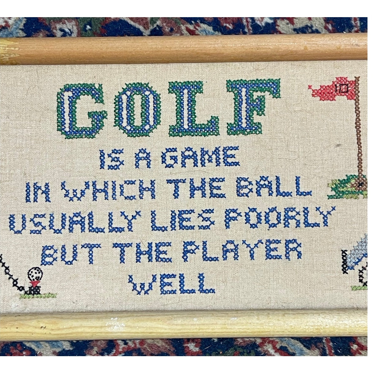 Vintage Cross Stitch Golf Funny Framed Wall Art 18.5x7.4"