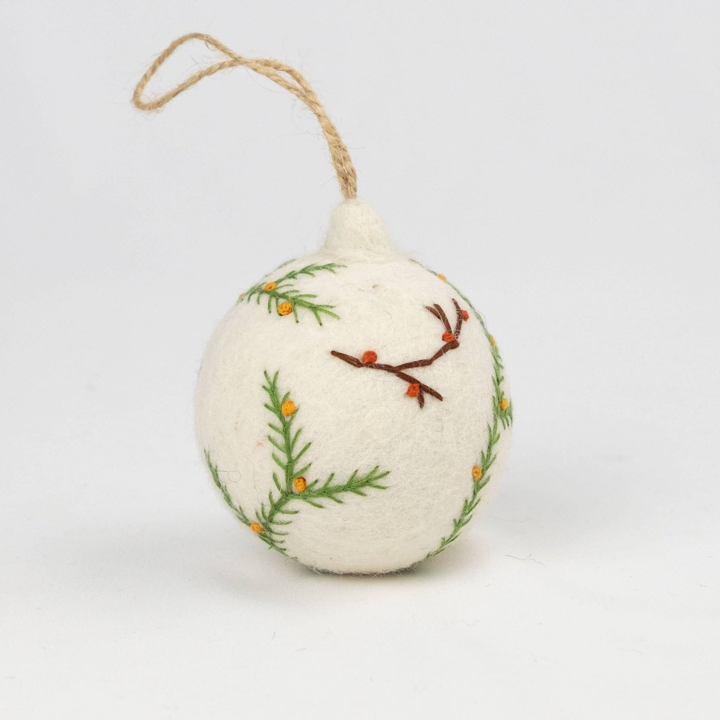 Ornament - Holiday Felt Ball Hand Embroidered White Assorted