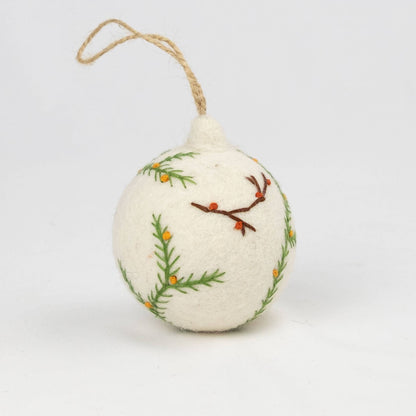 Ornament - Holiday Felt Ball Hand Embroidered White Assorted