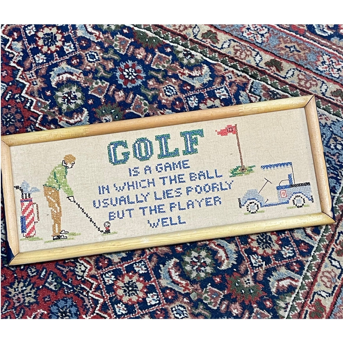 Vintage Cross Stitch Golf Funny Framed Wall Art 18.5x7.4"