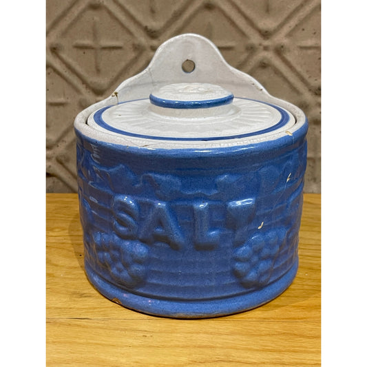 Vintage Blue Stoneware lidded kitchen salt cellar container