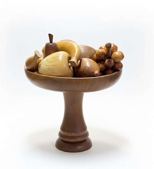 Vintage MCM Mid-Century Wooden Fruit Bowl Pedestal with Wooden Fruit