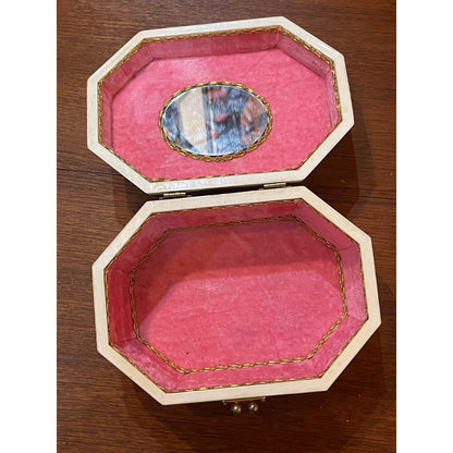 Vintage 1976 Signed Decoupage lucite handle pink velvet lined jewelry box purse
