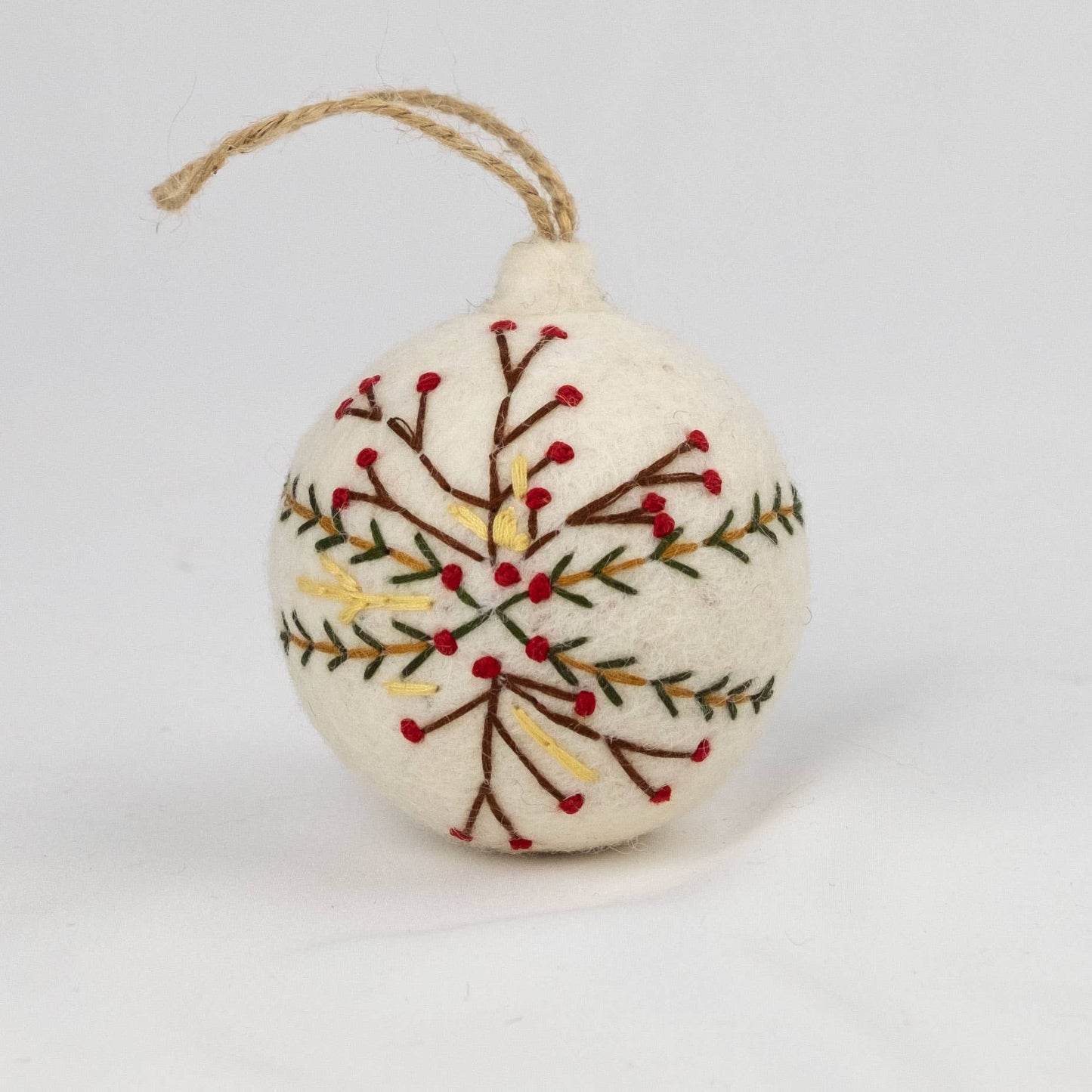 Ornament - Holiday Felt Ball Hand Embroidered White Assorted