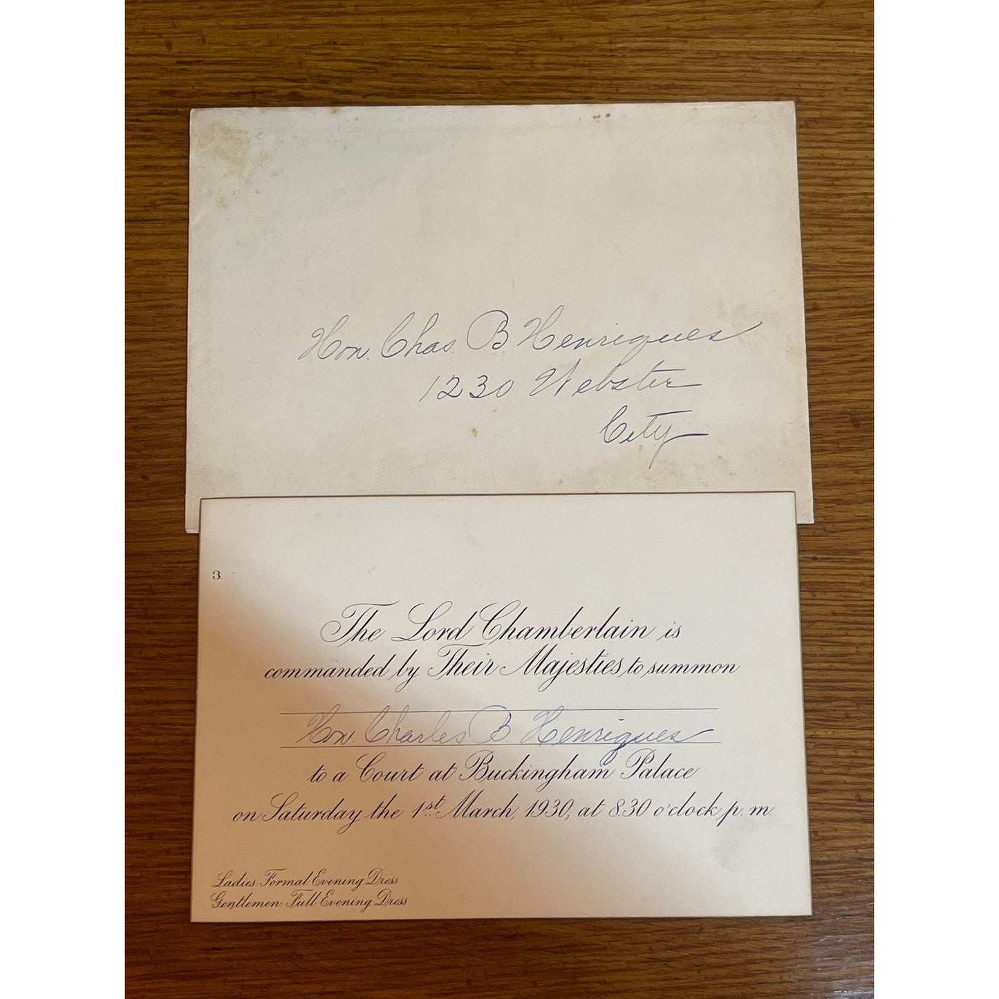 1930 Handwritten Invitation to Buckingham Palace with envelope