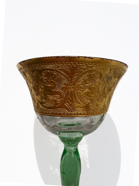 Uranium glass green & etched gold glasses cs