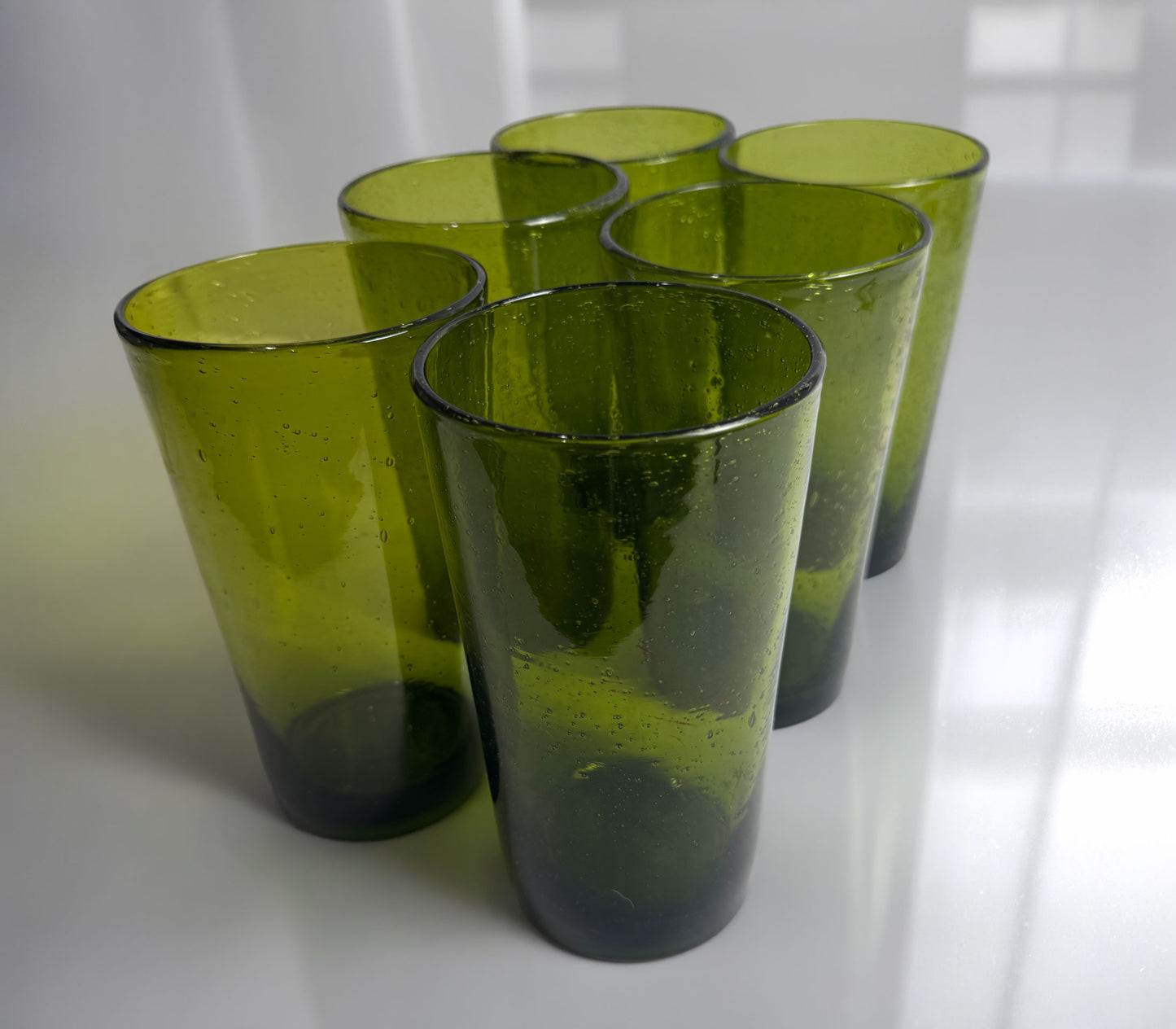 (6) hand-blown avocado green seeded glasses. CSBH