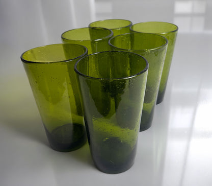 (6) hand-blown avocado green seeded glasses. CSBH