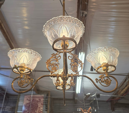 Vtg. Ornate Brass/Glass Chandelier