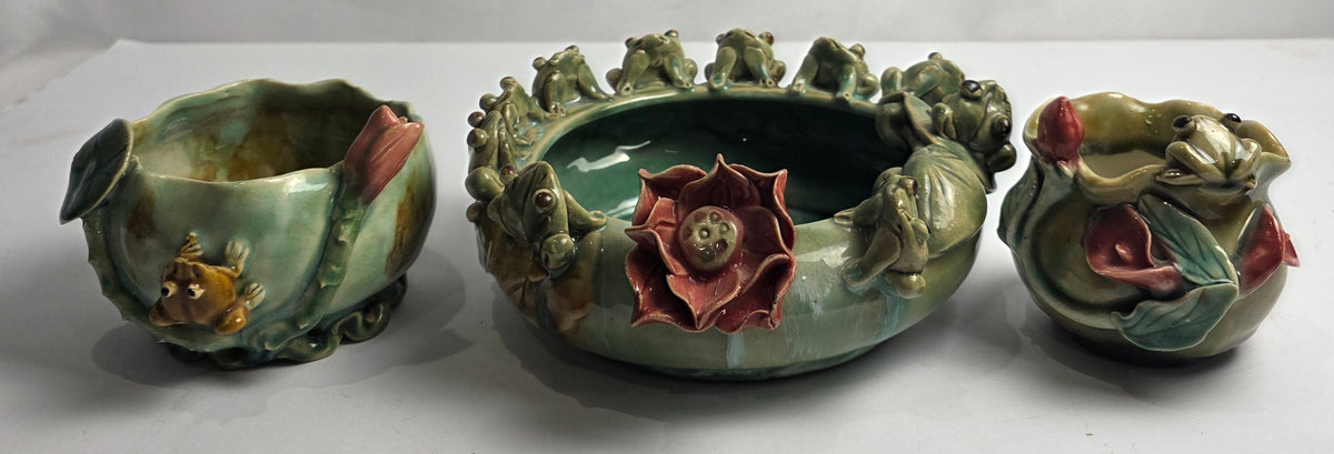 Vtg. Majolica Frog Bowl Set (3)