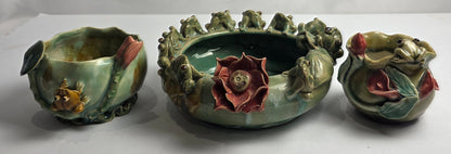 Vtg. Majolica Frog Bowl Set (3)