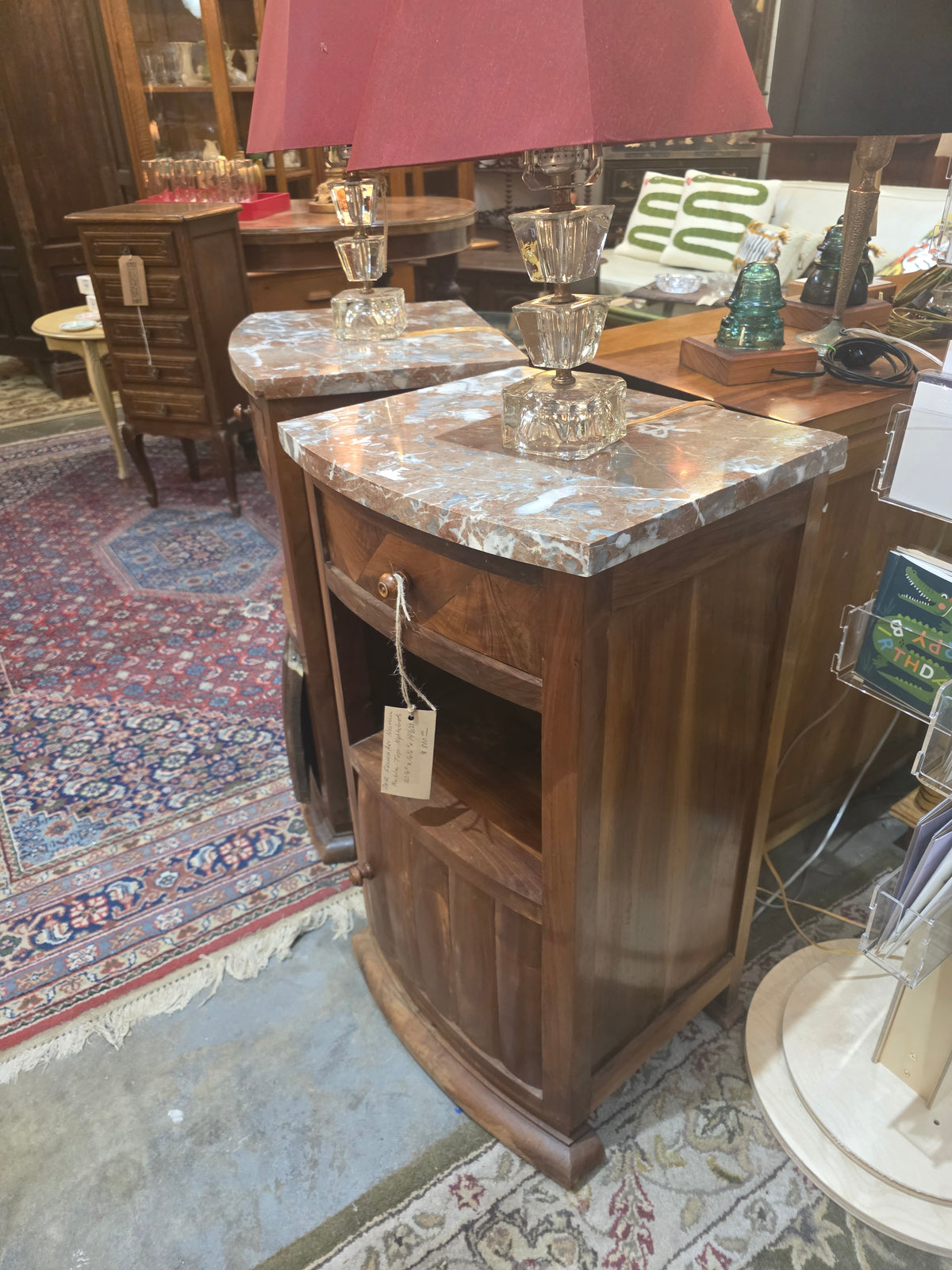 Vtg. Pair French Art Nouveau Marble Top Nightstands