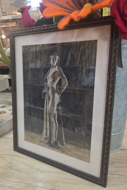 Vtg. Signed Original Pastel "Woman in High Heels & Robe"