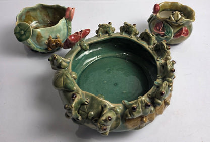Vtg. Majolica Frog Bowl Set (3)