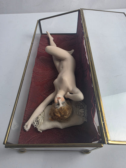 Vtg. Nude Porcelain Woman in Glass Case