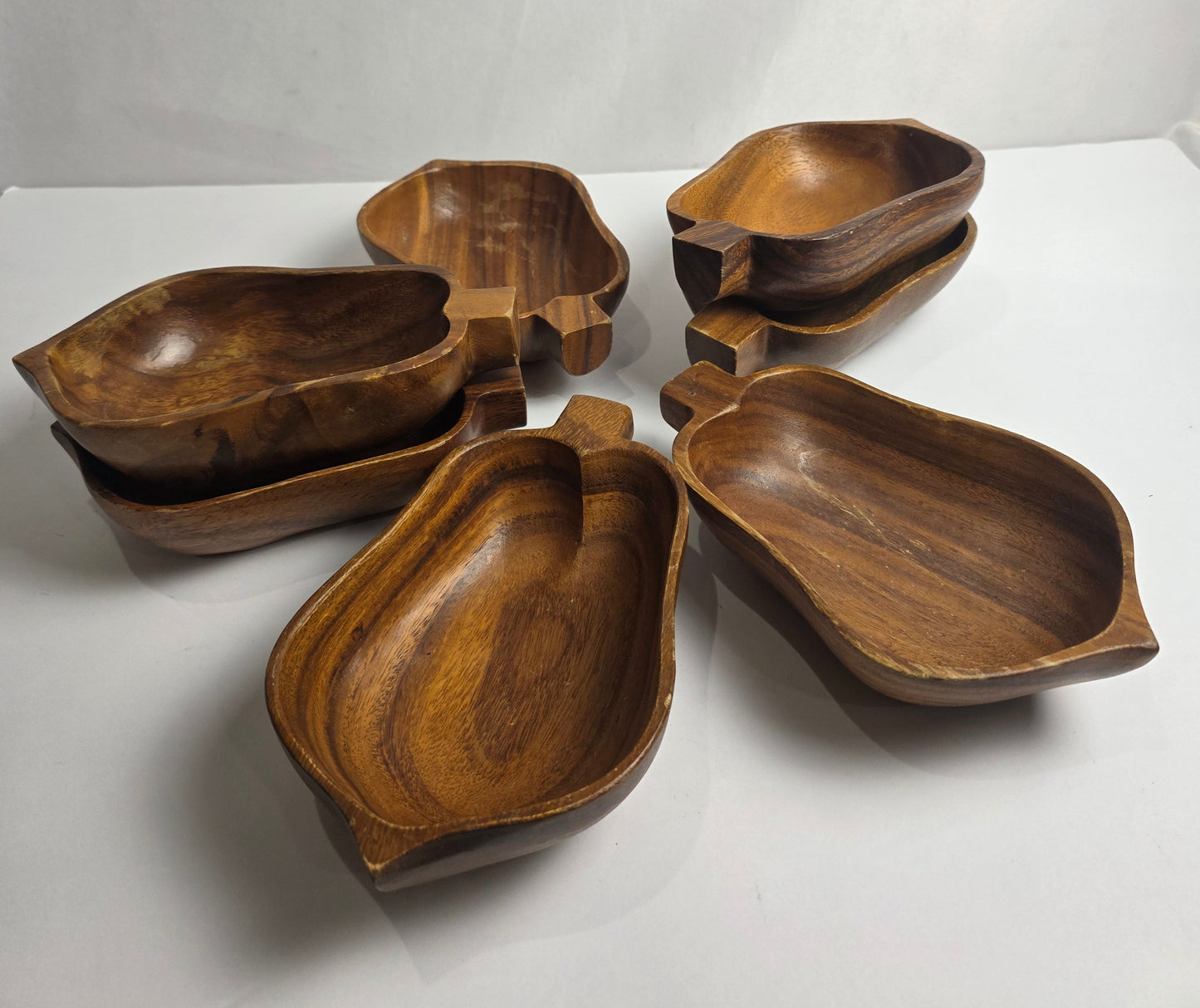Vtg. Monkey Pod Wood Pear-Shaped Salad Bowl Set (10)