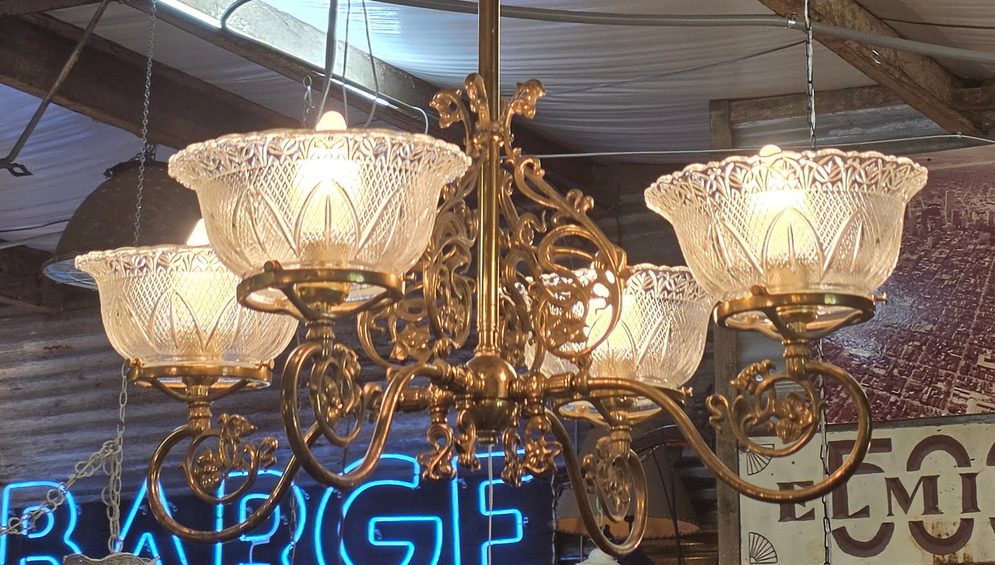Vtg. Ornate Brass/Glass Chandelier