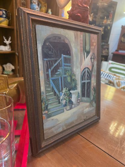 Vtg. Signed Original "Arts & Crafts Courtyard" Painting