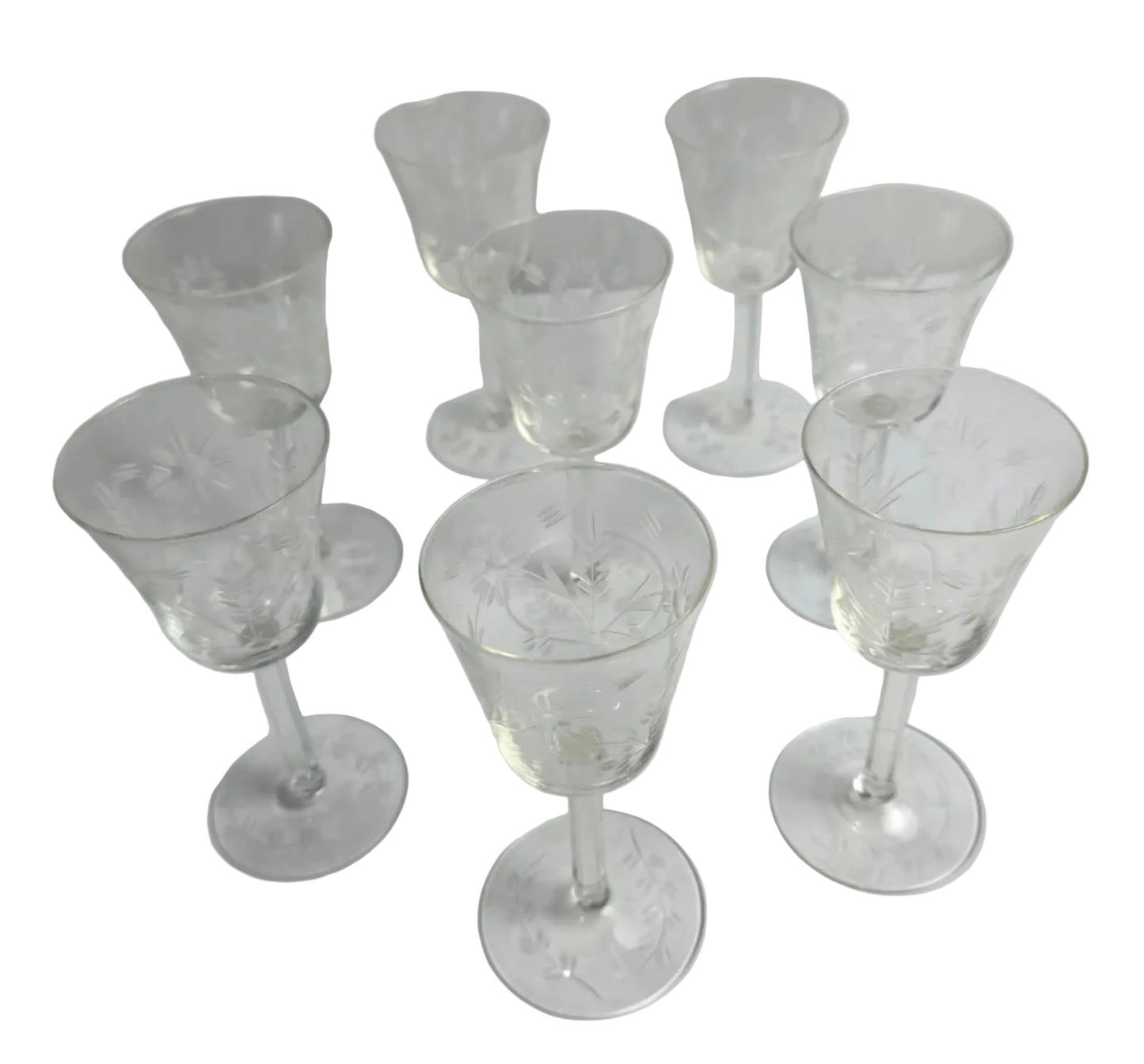 Set of Vtg. Floral Etched Cordial Glasses (8)