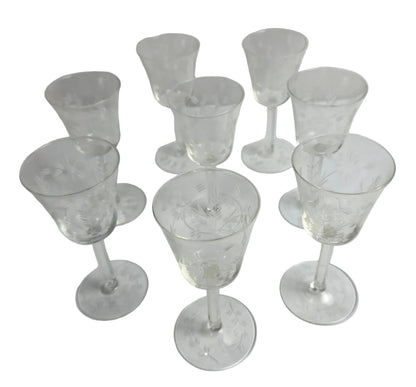 Set of Vtg. Floral Etched Cordial Glasses (8)