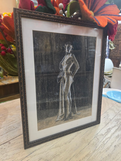 Vtg. Signed Original Pastel "Woman in High Heels & Robe"