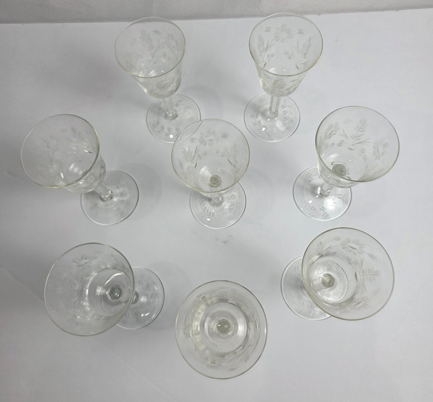 Set of Vtg. Floral Etched Cordial Glasses (8)