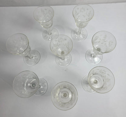 Set of Vtg. Floral Etched Cordial Glasses (8)