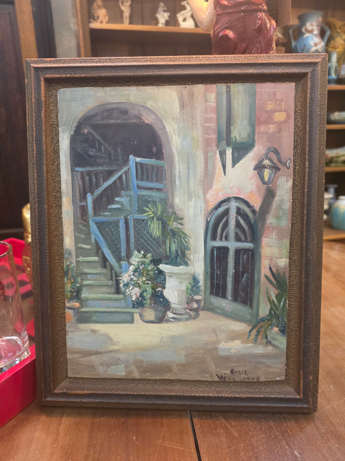 Vtg. Signed Original "Arts & Crafts Courtyard" Painting