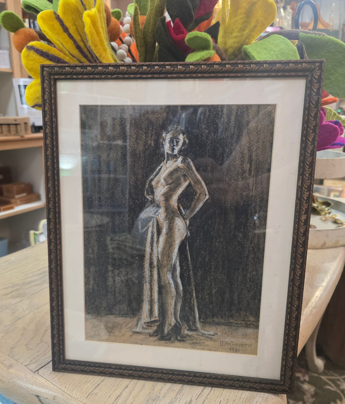 Vtg. Signed Original Pastel "Woman in High Heels & Robe"