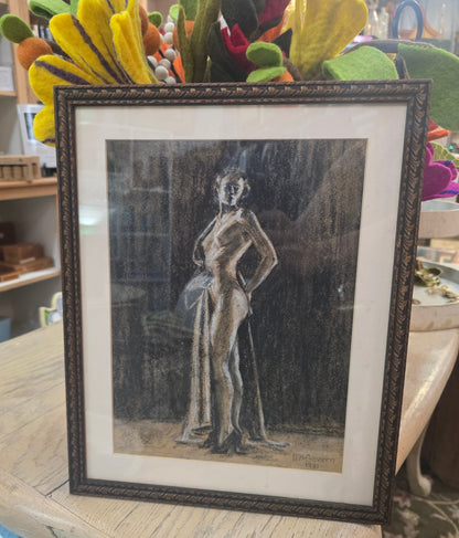 Vtg. Signed Original Pastel "Woman in High Heels & Robe"