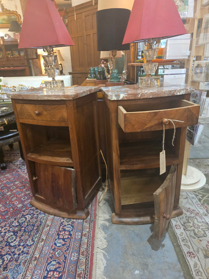 Vtg. Pair French Art Nouveau Marble Top Nightstands