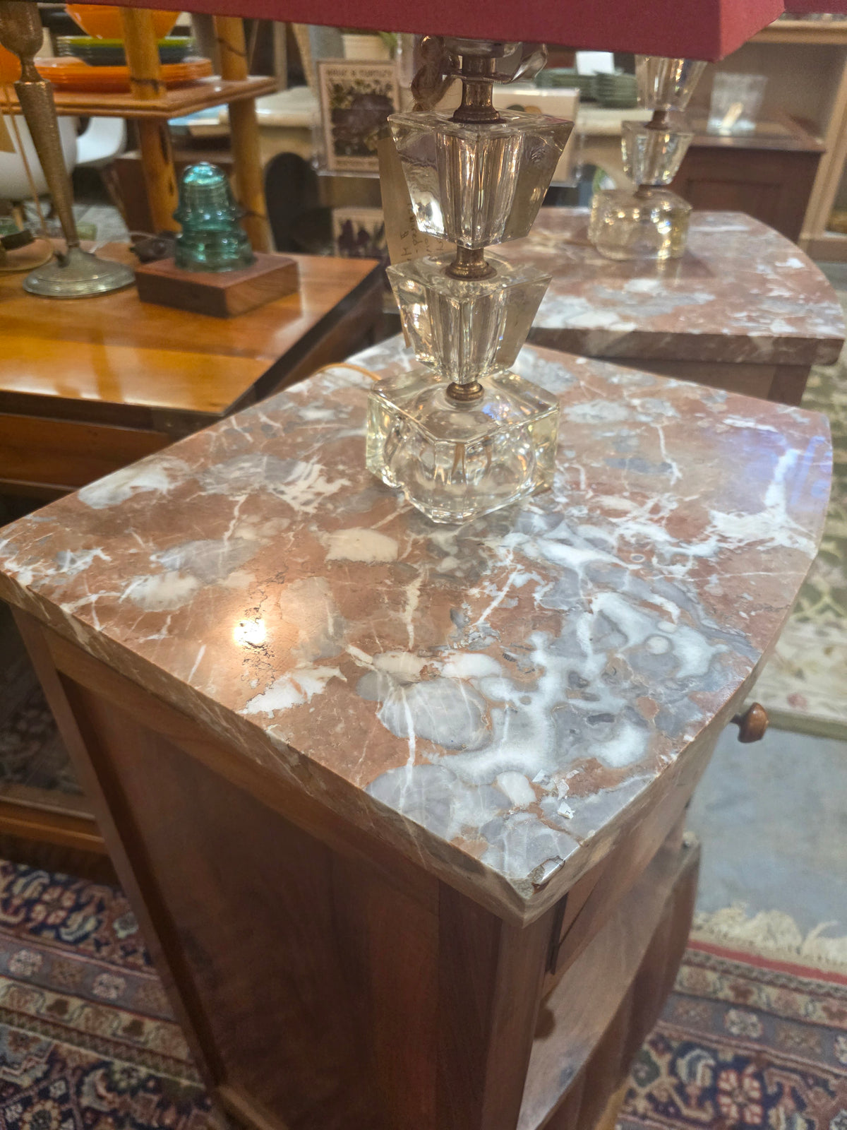Vtg. Pair French Art Nouveau Marble Top Nightstands