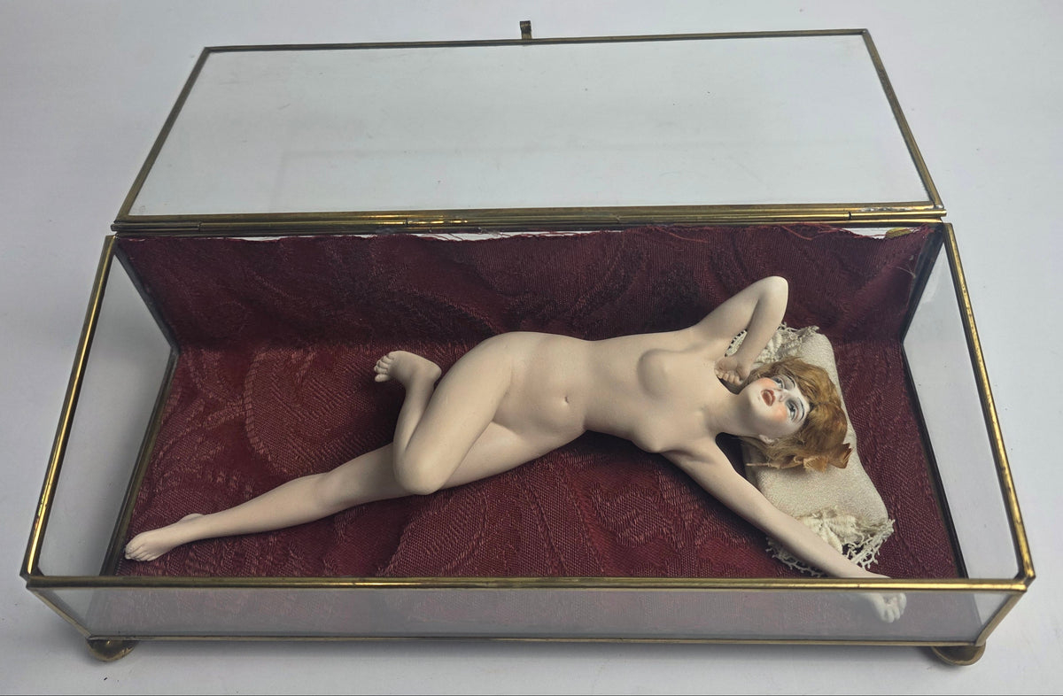Vtg. Nude Porcelain Woman in Glass Case