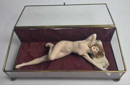Vtg. Nude Porcelain Woman in Glass Case