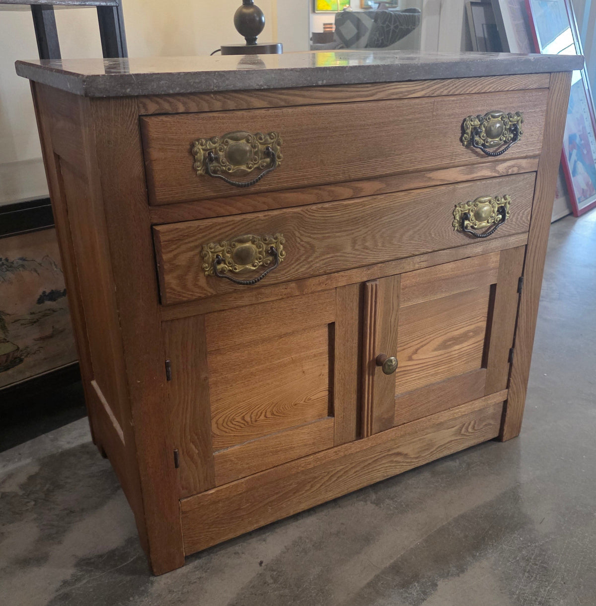 Vtg. Marble Top 2 Drawer & Cabinet