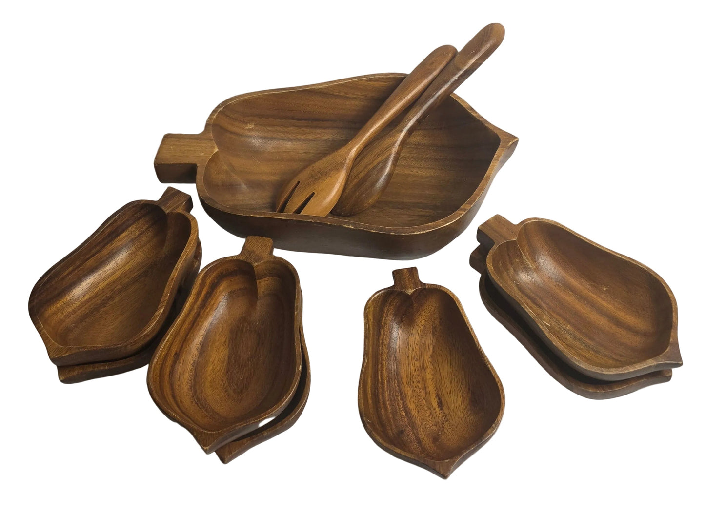 Vtg. Monkey Pod Wood Pear-Shaped Salad Bowl Set (10)