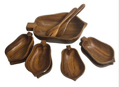 Vtg. Monkey Pod Wood Pear-Shaped Salad Bowl Set (10)