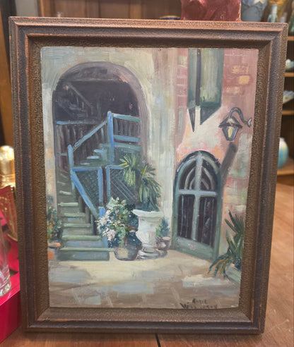 Vtg. Signed Original "Arts & Crafts Courtyard" Painting