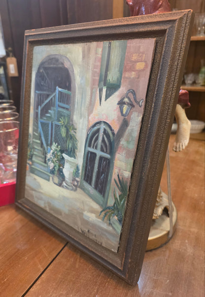 Vtg. Signed Original "Arts & Crafts Courtyard" Painting
