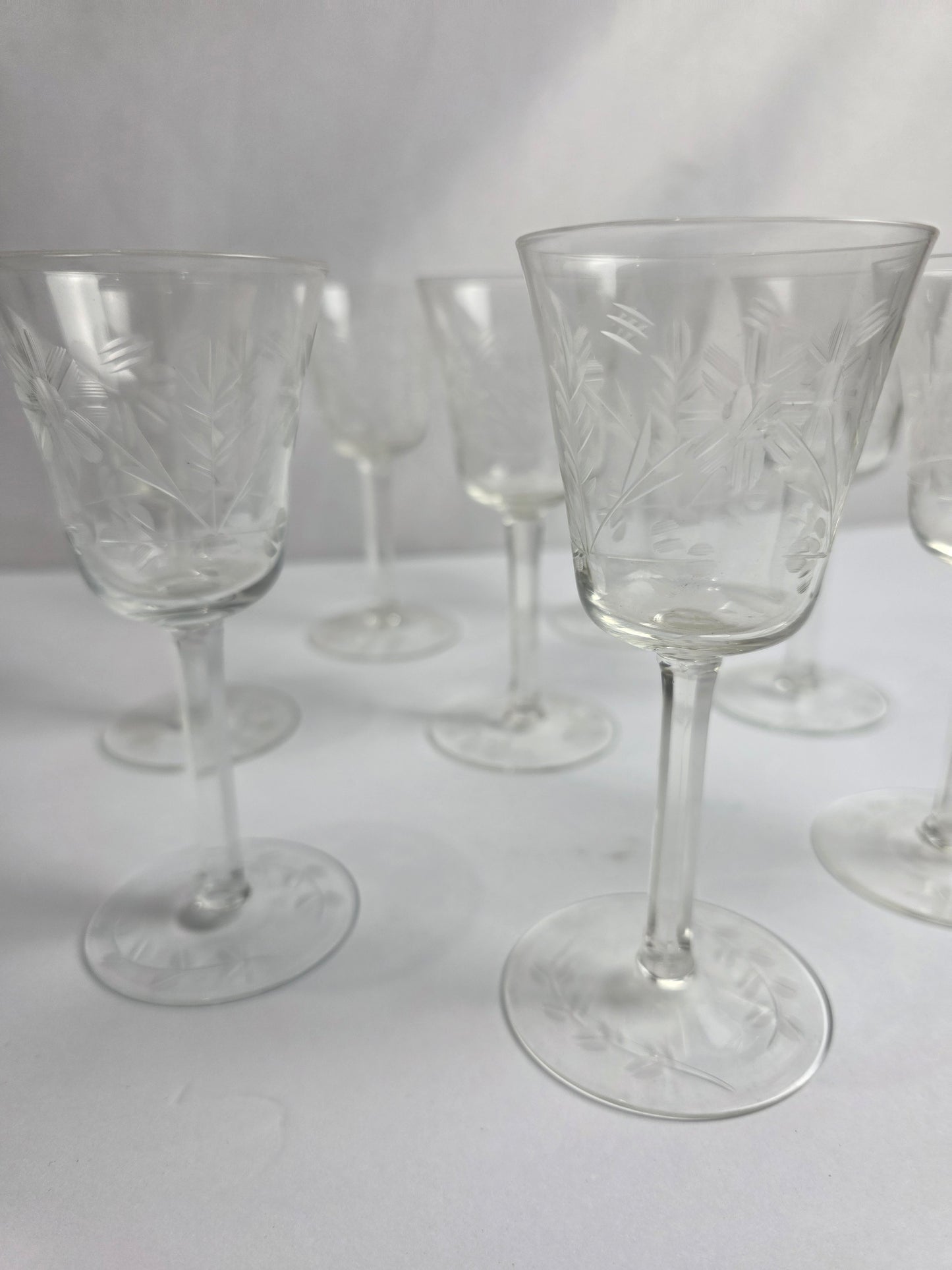 Set of Vtg. Floral Etched Cordial Glasses (8)