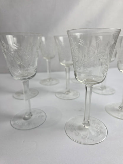 Set of Vtg. Floral Etched Cordial Glasses (8)