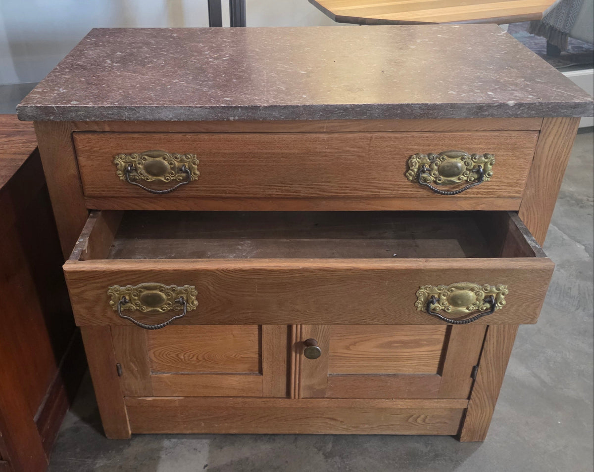 Vtg. Marble Top 2 Drawer & Cabinet