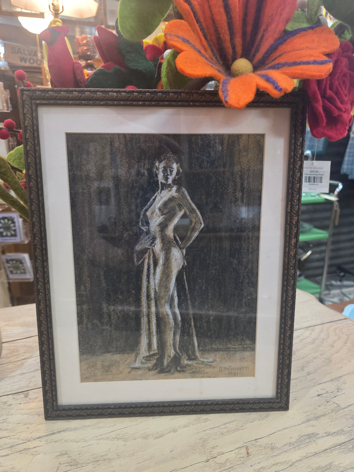 Vtg. Signed Original Pastel "Woman in High Heels & Robe"