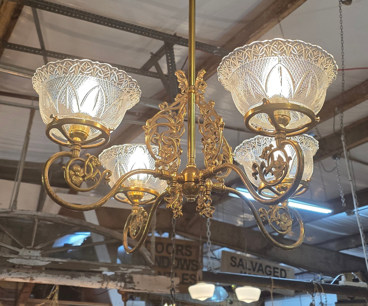 Vtg. Ornate Brass/Glass Chandelier