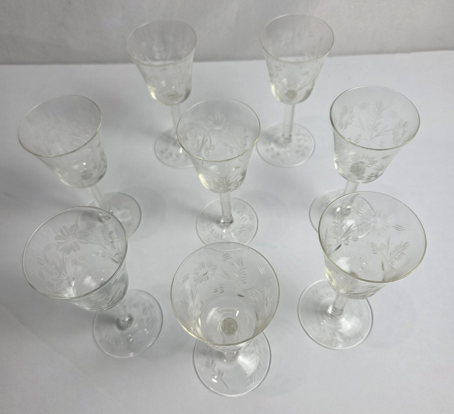 Set of Vtg. Floral Etched Cordial Glasses (8)