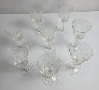 Set of Vtg. Floral Etched Cordial Glasses (8)
