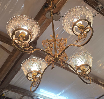 Vtg. Ornate Brass/Glass Chandelier